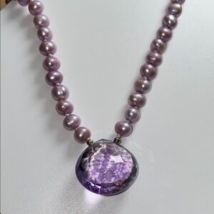 Elegant Lavender Pearl Necklace with Amethyst Heart Pendant.